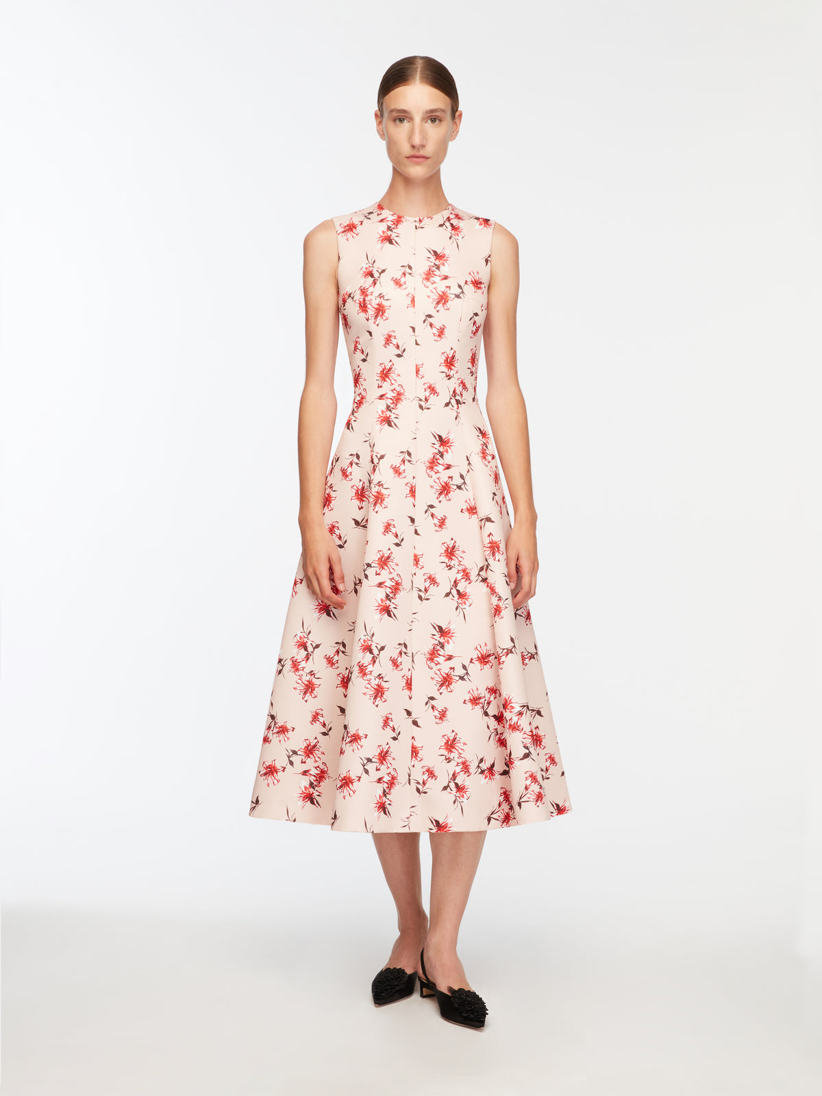 Mara Dress In Red Summer Lillies On Pink Taffeta Faille