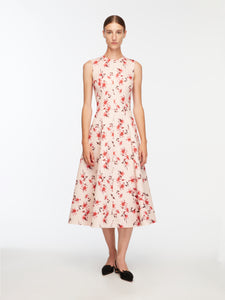 Mara Dress In Red Summer Lillies On Pink Taffeta Faille