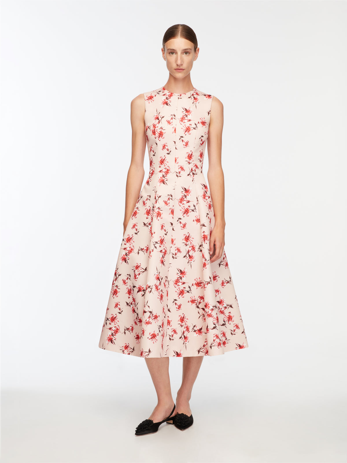 Mara Dress In Red Summer Lillies On Pink Taffeta Faille