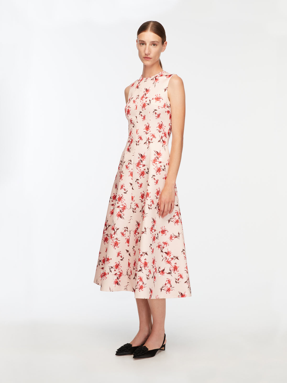 Mara Dress In Red Summer Lillies On Pink Taffeta Faille