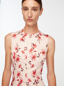 Mara Dress In Red Summer Lillies On Pink Taffeta Faille