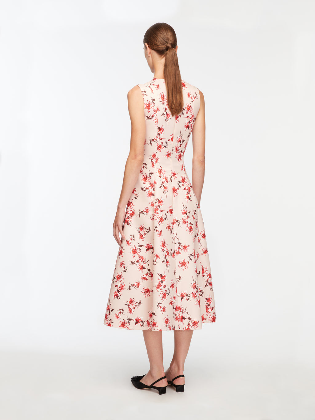 Mara Dress In Red Summer Lillies On Pink Taffeta Faille
