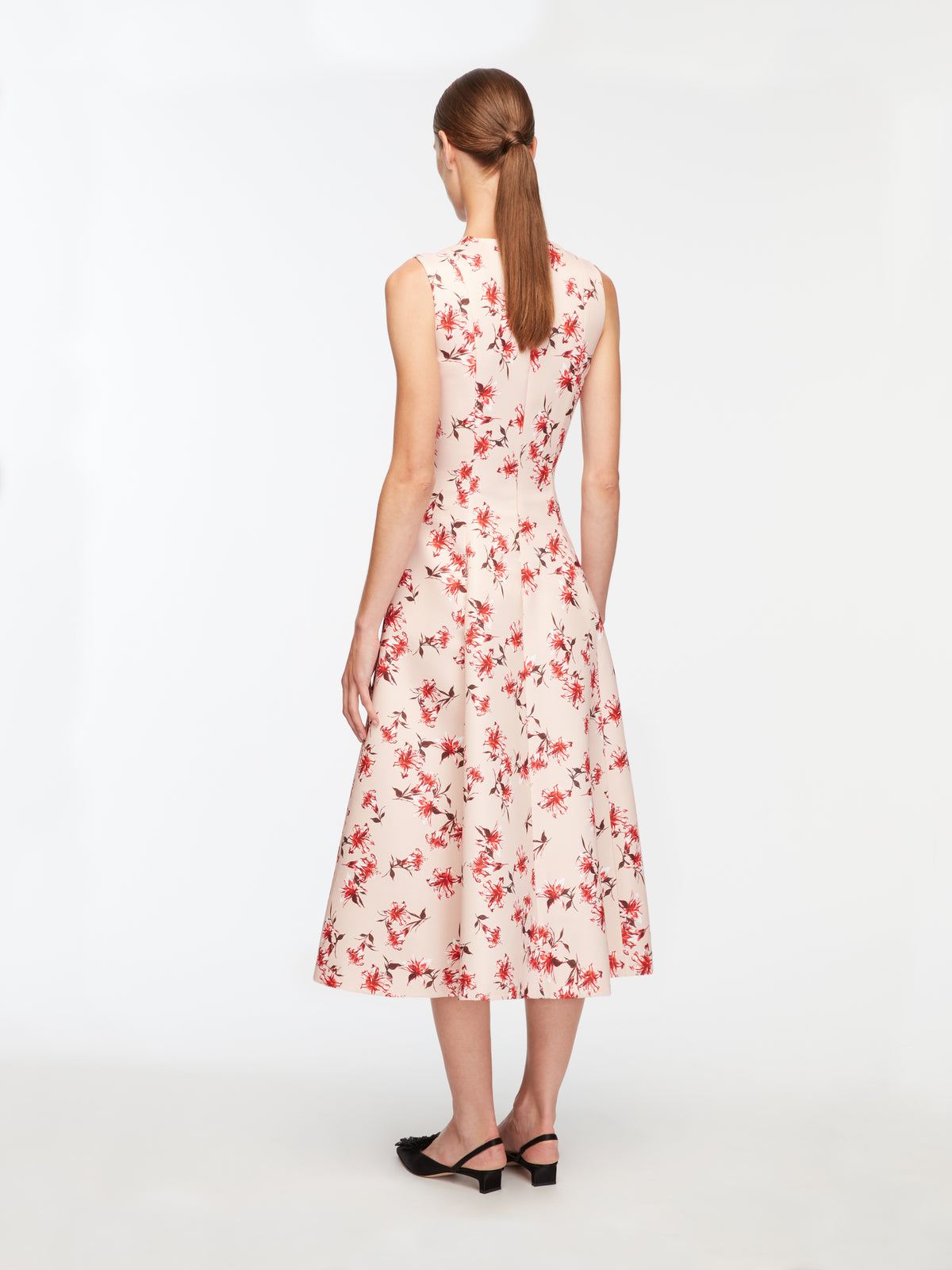 Mara Dress In Red Summer Lillies On Pink Taffeta Faille