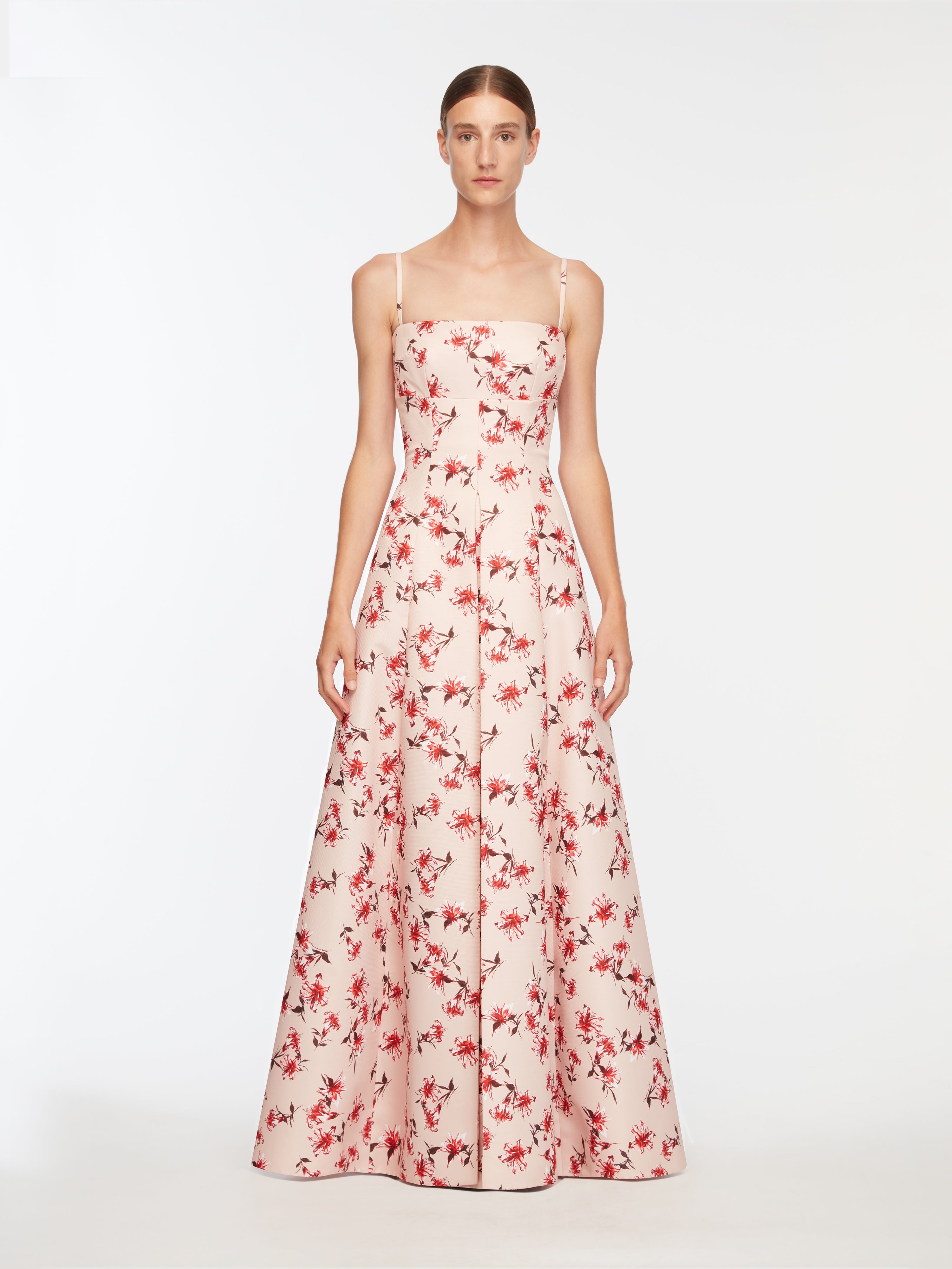 Oceana Dress In Red Festive Lillies Taffeta Faille