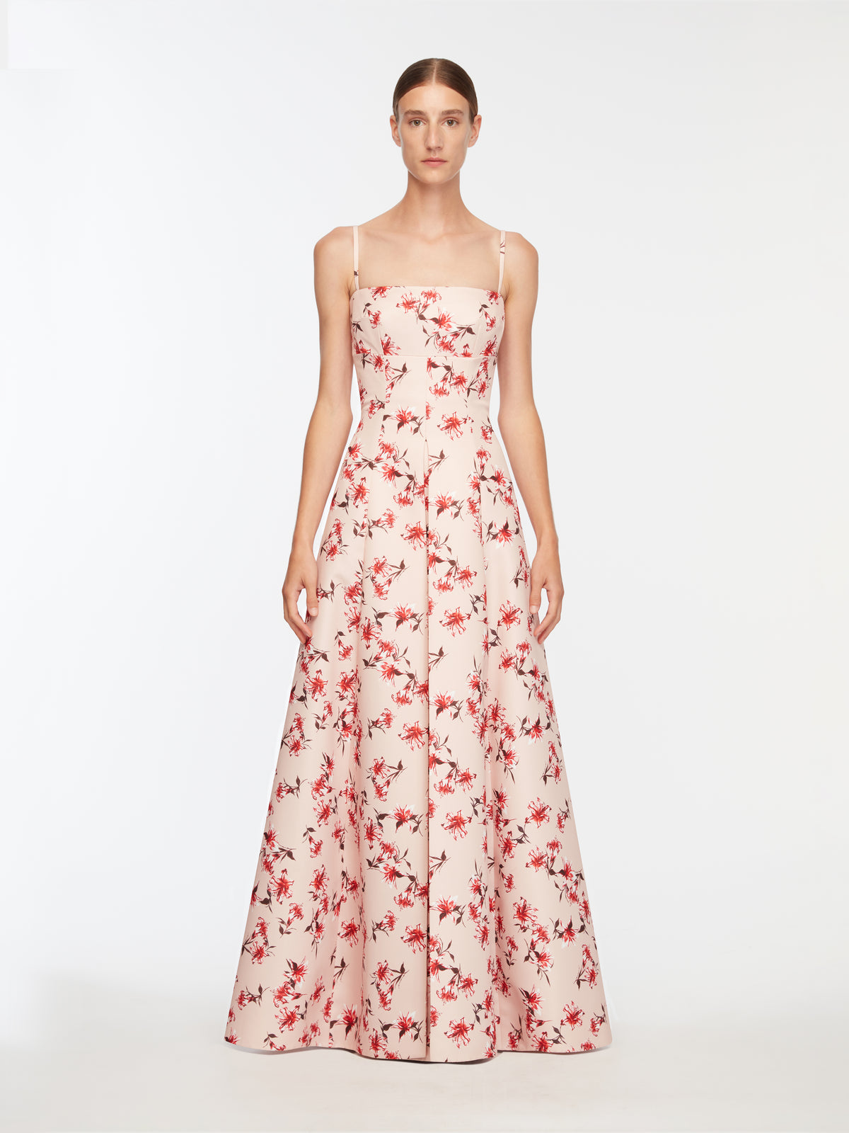 Oceana Dress In Red Festive Lillies Taffeta Faille