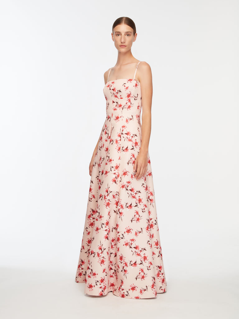 Oceana Dress In Red Festive Lillies Taffeta Faille