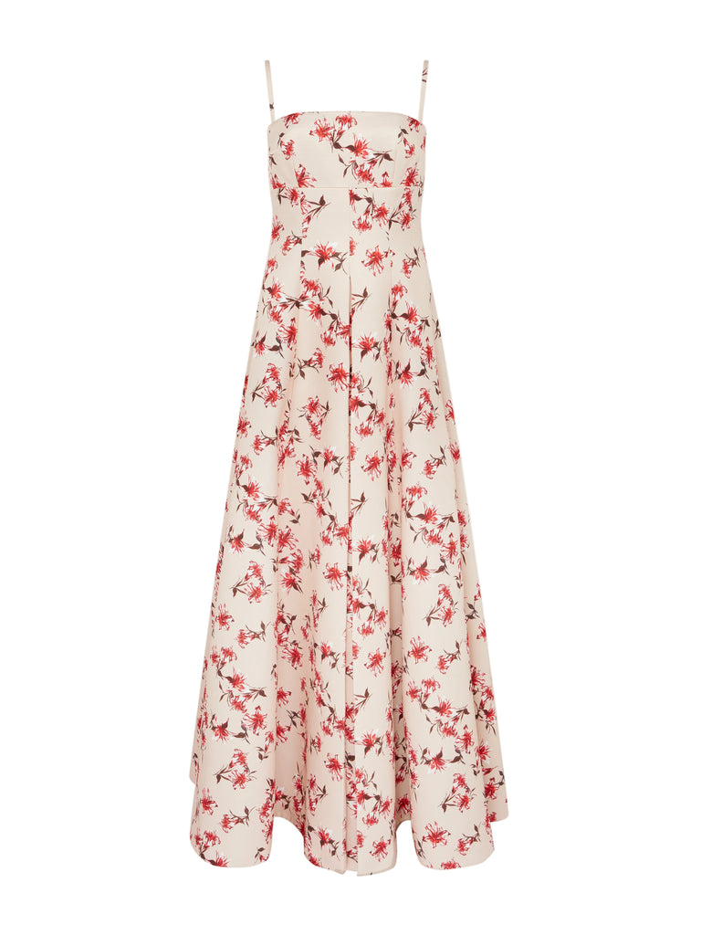 Oceana Dress In Red Festive Lillies Taffeta Faille