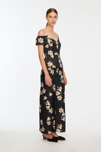 Daffy Trousers In Black & Yellow Festive Lillies Taffeta Faille