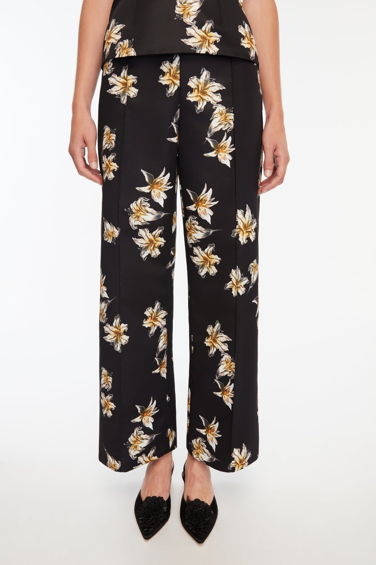 Daffy Trousers In Black & Yellow Festive Lillies Taffeta Faille