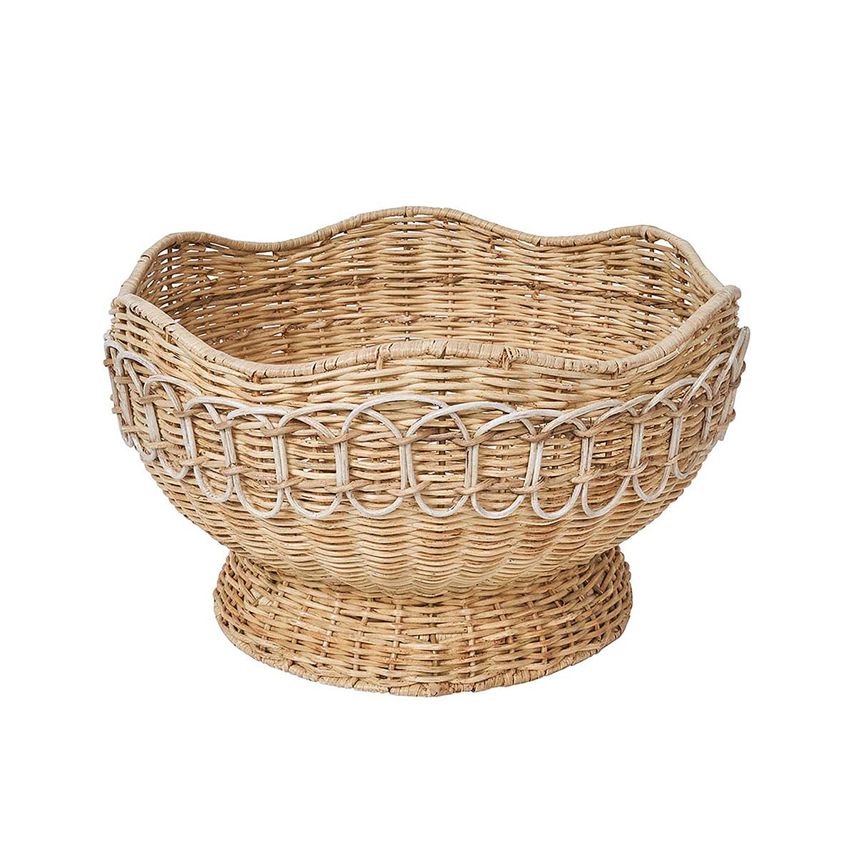 Front three-quarter view of Provence Rattan 15-inch Bowl in Whitewash showcasing hand-woven rattan with a white background