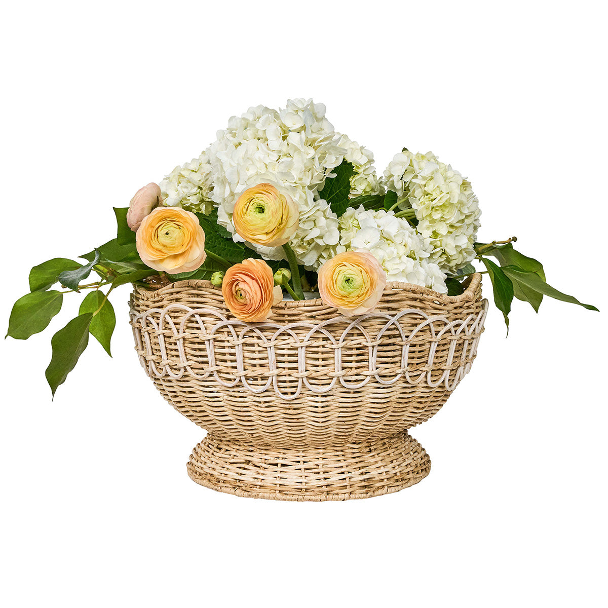 Front view of Provence Rattan 15-inch Bowl in Whitewash with hand-woven rattan, pedestal base, and flowers