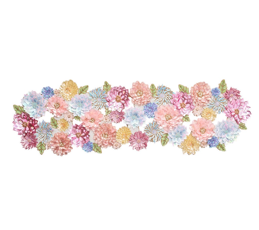Top view of Dahlia Runner in Sorbet showcasing layered sequin and bead floral appliqués in pink, mauve, and pastel tones on a white background