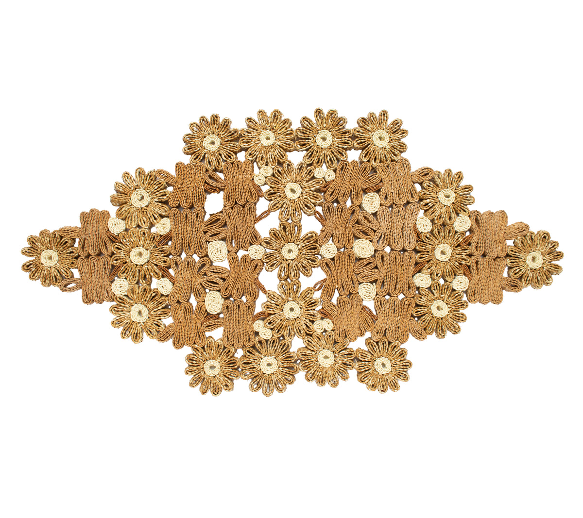 Close-up view of Daisy Runner in Natural & Ivory showcasing handwoven wheat straw daisy motifs on a white background
