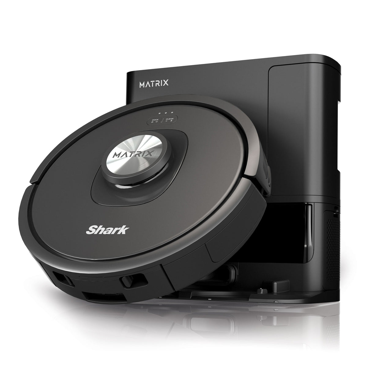 Three-quarter view of the Shark Matrix robot vacuum showcasing its self-emptying dock on a white background