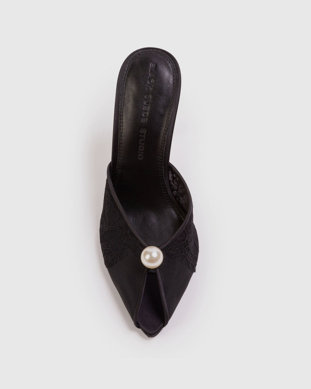 <p>The Debby 100 Mule in Black Mesh with Pearl Ornament