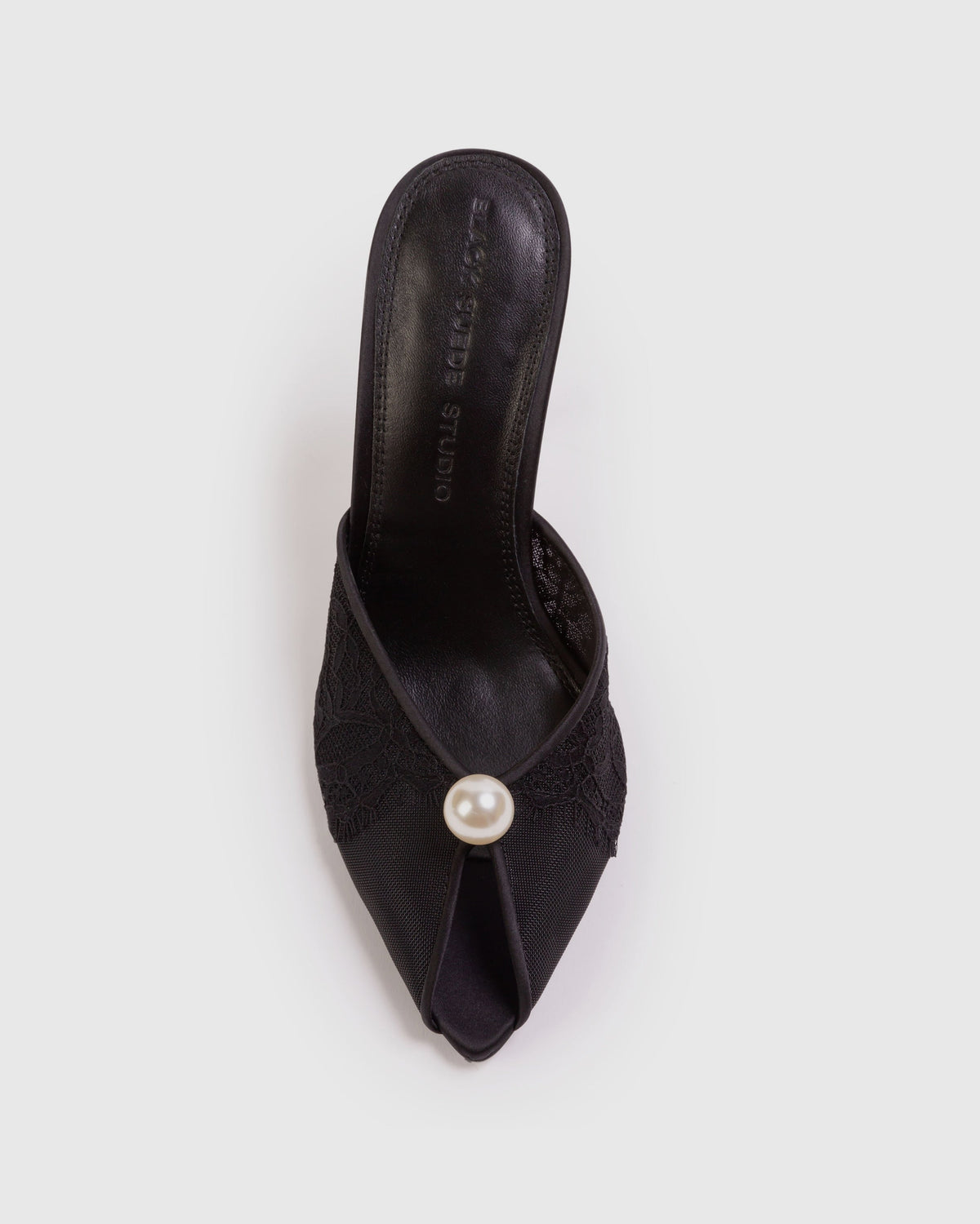 <p>The Debby 100 Mule in Black Mesh with Pearl Ornament