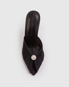 <p>The Debby 100 Mule in Black Mesh with Pearl Ornament