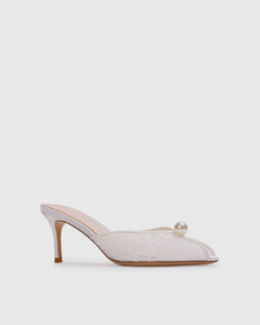 Debby 70 Mule in White Mesh with Pearl Ornament