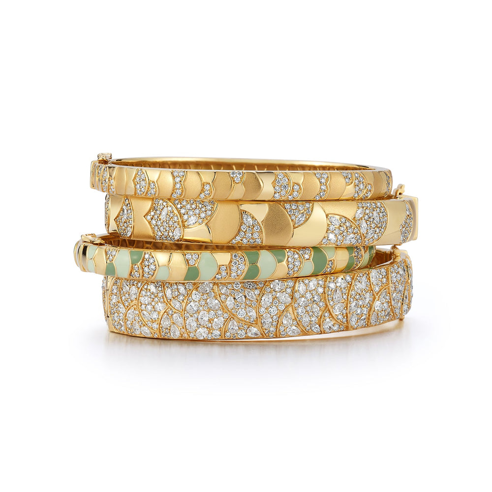Stacked view of Medium Aegean cuff in 18k gold with textured scales, pavé diamonds and mint-green enamel on white background