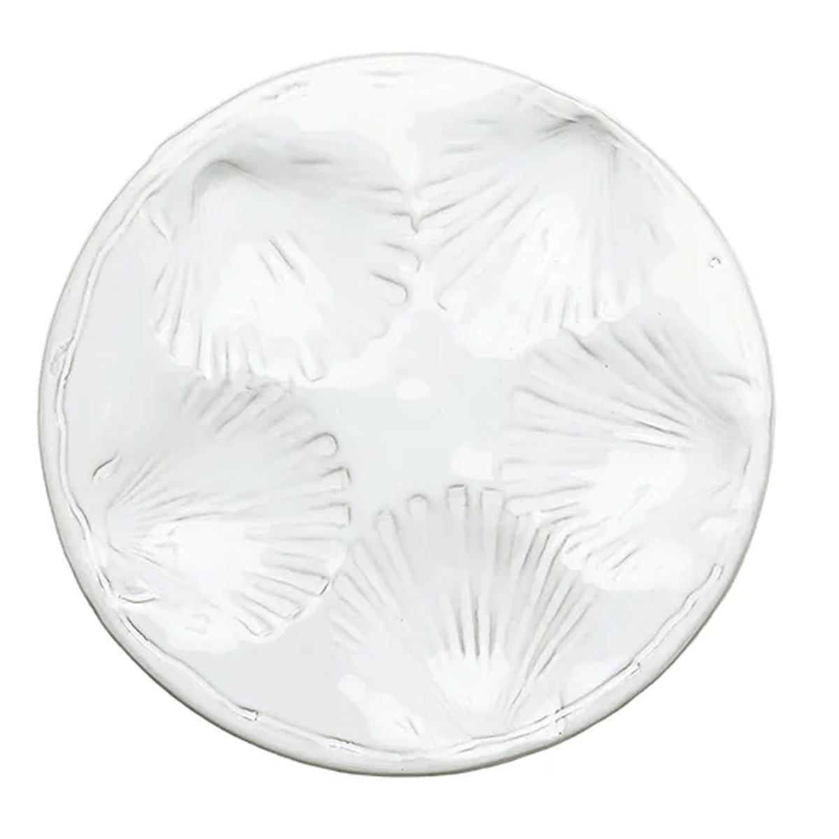 Top view of Radi Simple Oyster Platter showcasing five shell-shaped wells in white glazed stoneware