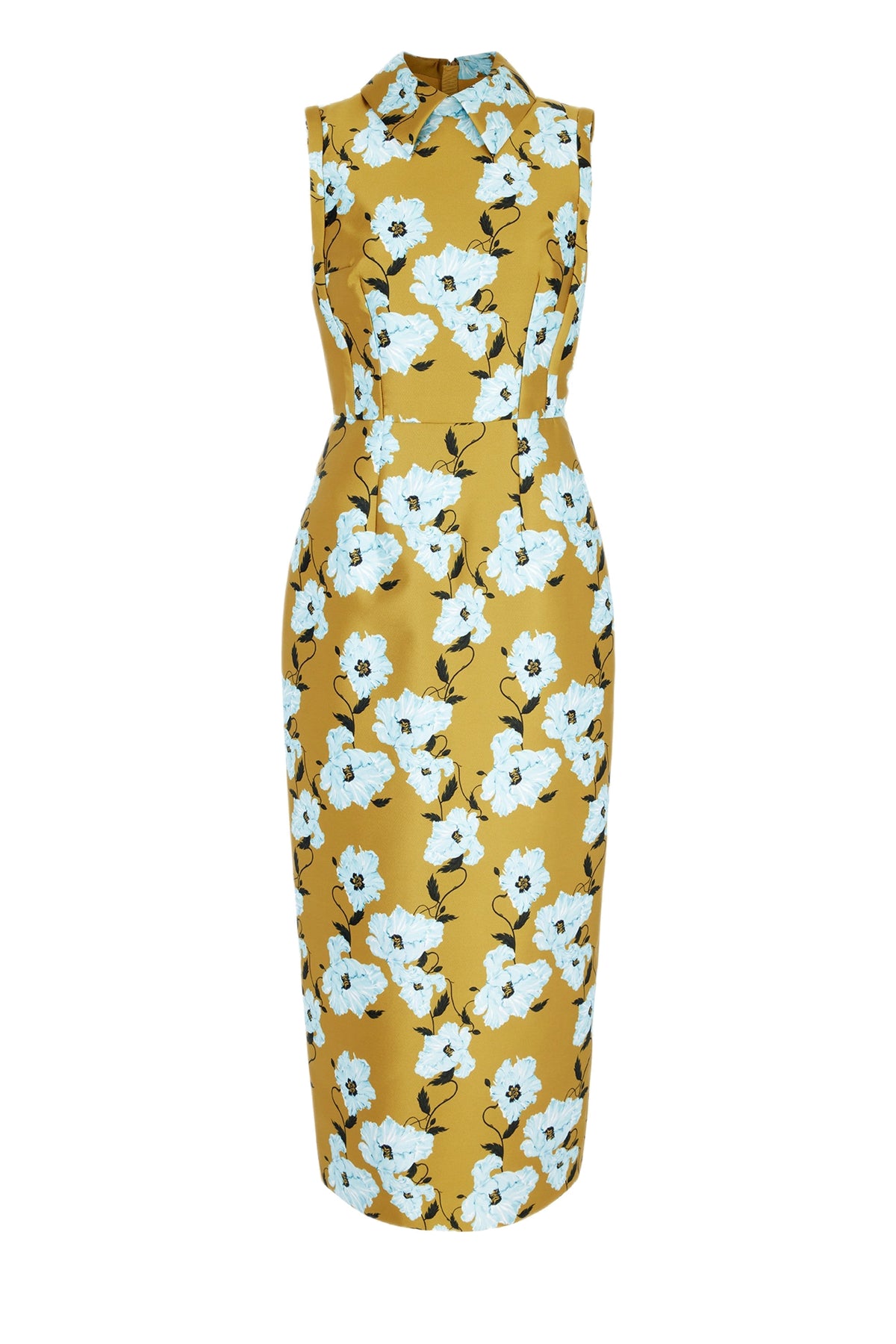 Front view of Rain Dress in Mustard and Blue Breezy Poppy Mikado with pointed collar, sleeveless design, and floral print