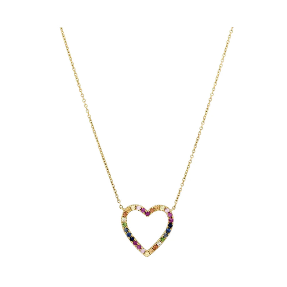 Front view of Rainbow Sapphire Heart Necklace showing open heart pendant with multicolored sapphires on a gold chain