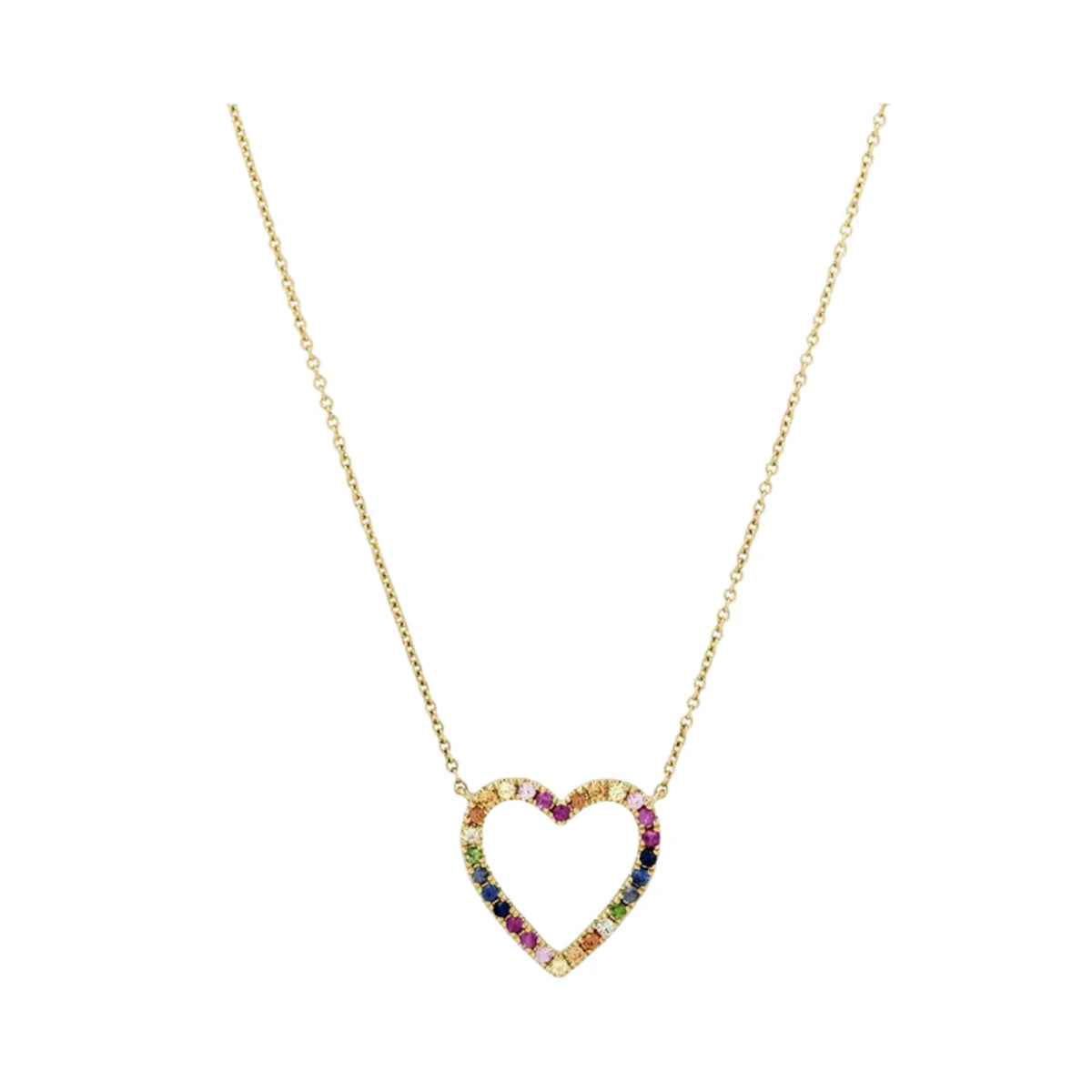 Front view of Rainbow Sapphire Heart Necklace showing open heart pendant with multicolored sapphires on a gold chain
