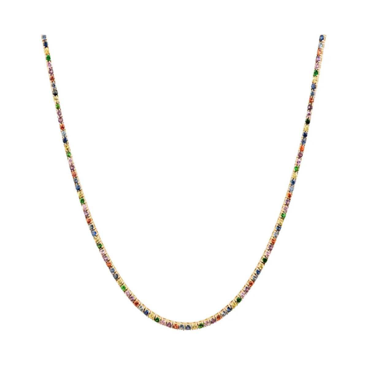 Front view of Rainbow Sapphire tennis necklace showcasing multicolor sapphires set in 14ct gold on white background
