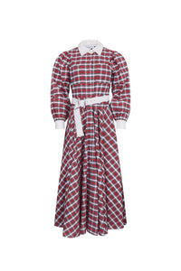 The Randolph Dress has a circle skirt, full length sleeves with button cuffs and optional belt.