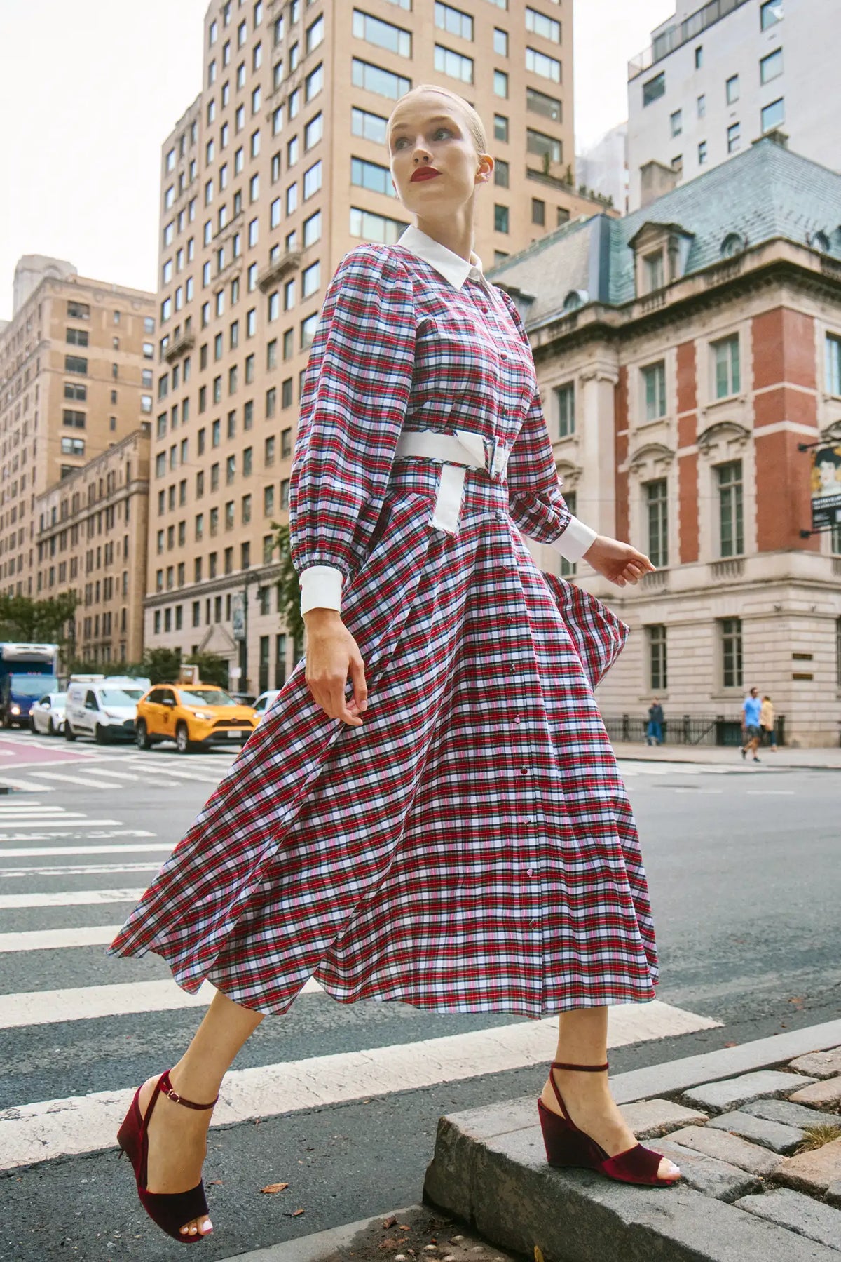 The Randolph Dress has a circle skirt, full length sleeves with button cuffs and optional belt.