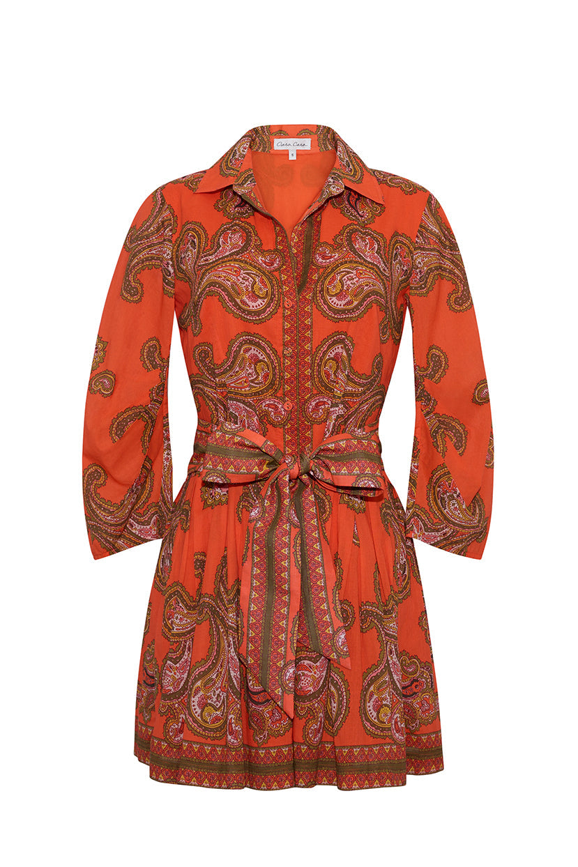 Front view of Raya Mini Dress in Sierra Paisley Orange showing collared fit-and-flare design, paisley print, and self sash