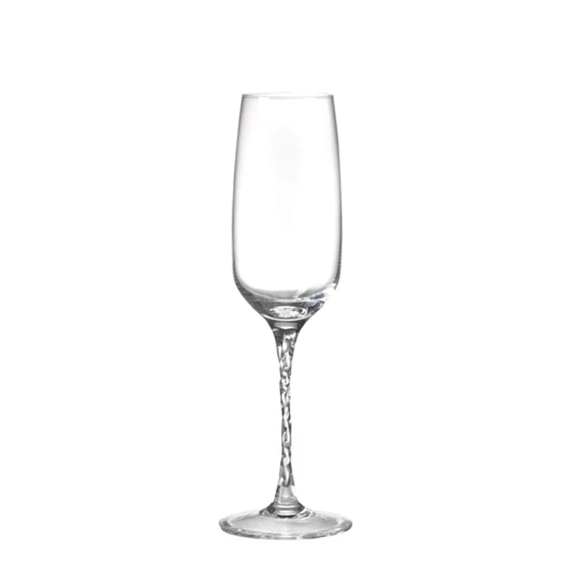 Front view of Reale Flute Goblets, set of 2 showcasing braided stems and clear crystal on a white background