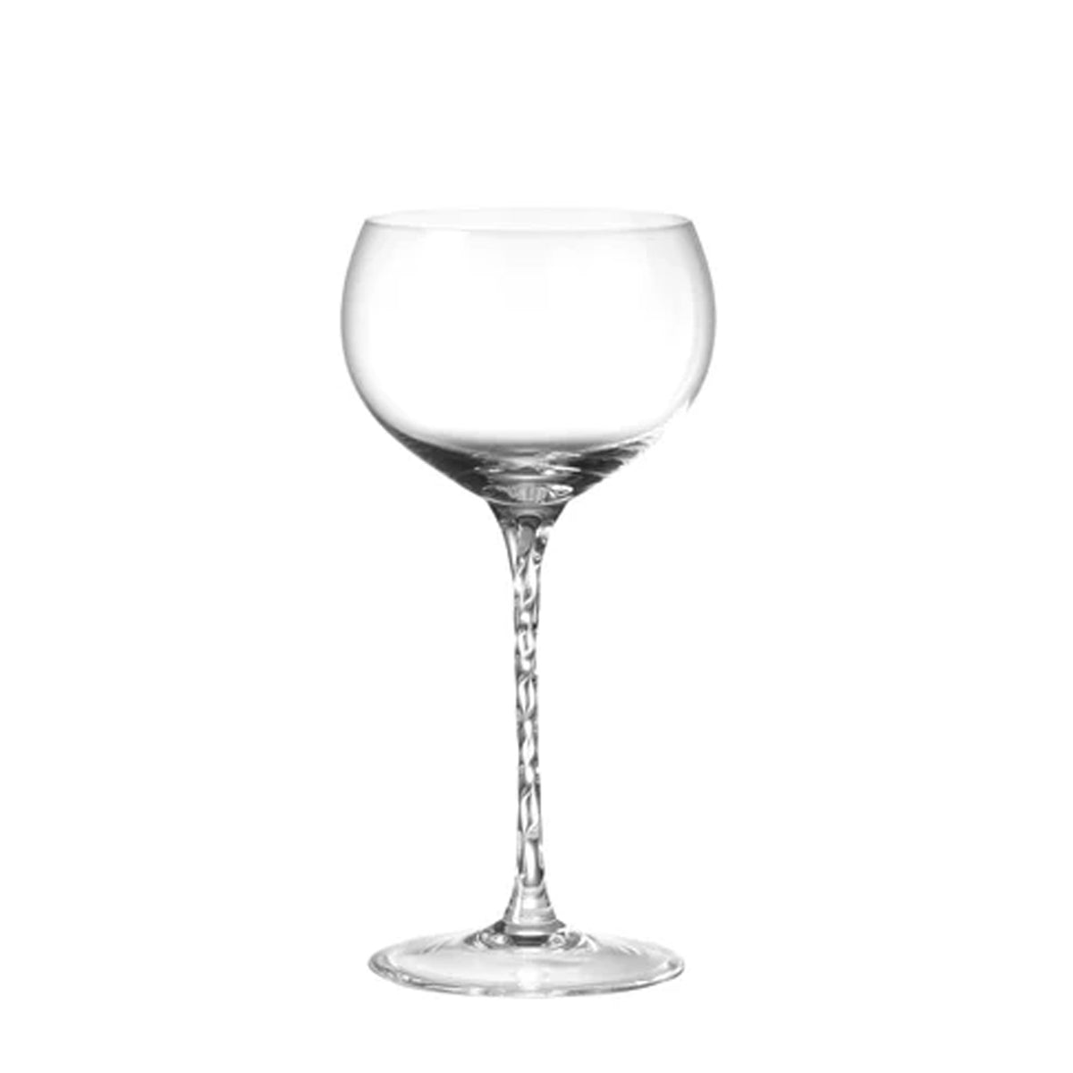 Front view of a Reale wine goblet from the set of 2, showcasing its elegantly braided stem against a white background