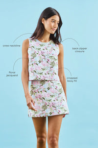 The Rebecca Top in Magnolia Grove Jacquard paired with matching Britt Mini Skirt with call outs.