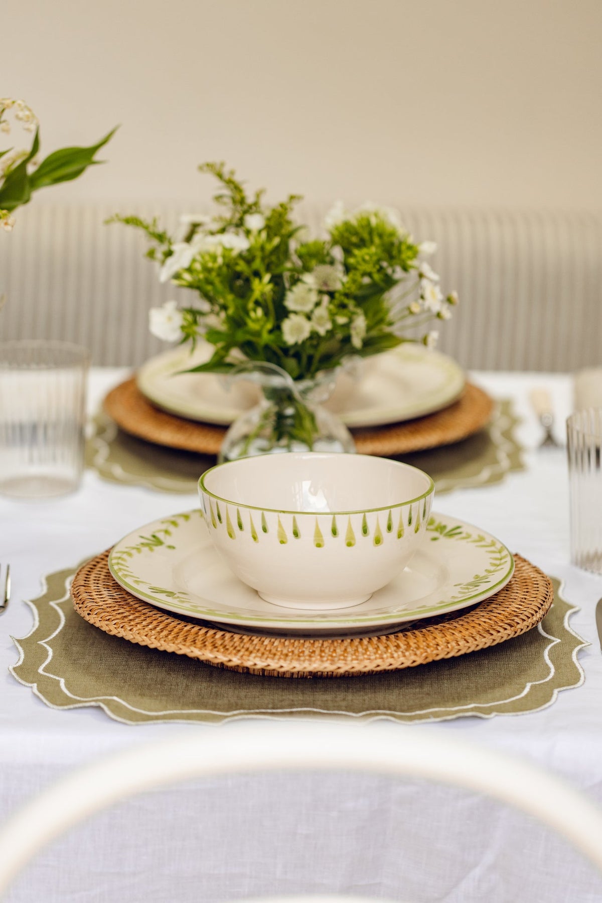 Rebecca Udall, Classic Elegant Elouise Cereal Bowl, Sage with the Stella Waxed Placemat