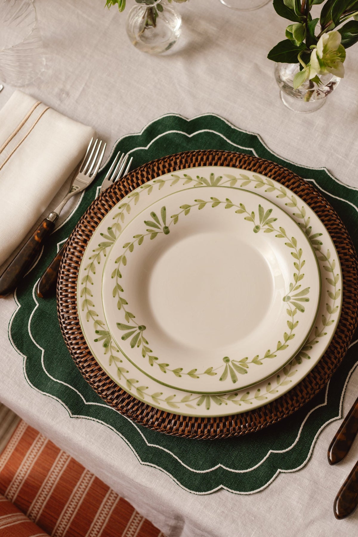 Rebecca Udall Elouise Dessert Plate, Green with Sophie Two Cord Napkins
