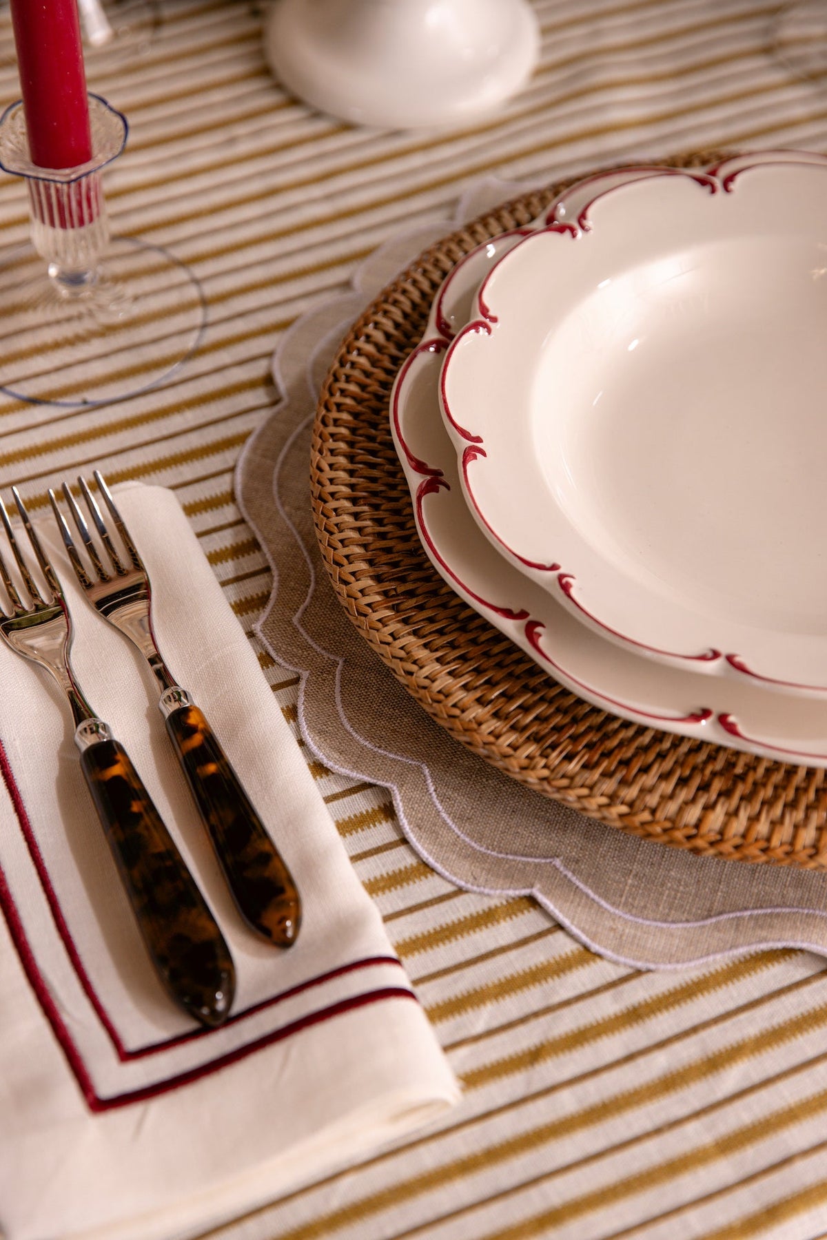 Rebecca Udall Sophie Classic Two Cord Napkin, Burgundy with the Taper Candles