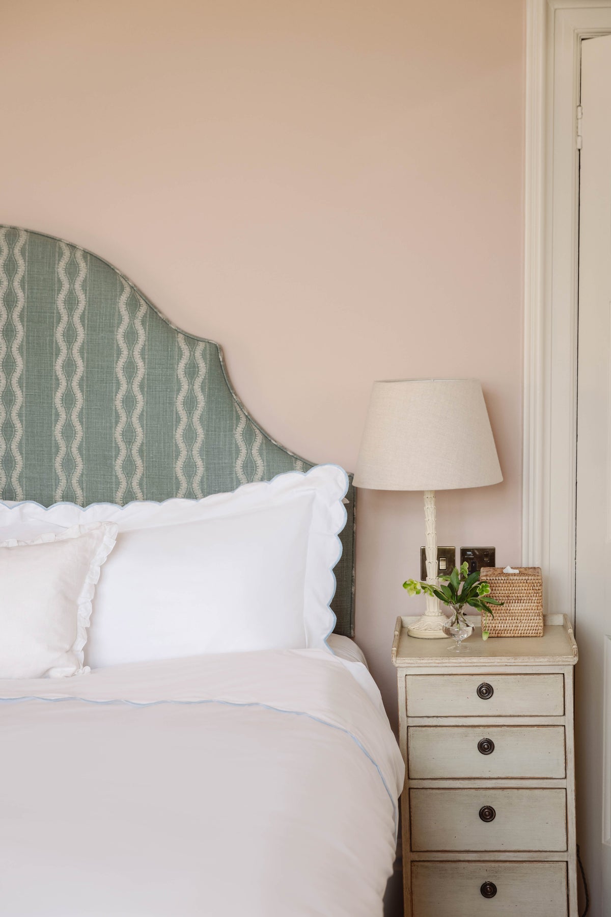 Rebecca Udall Annabelle Scalloped Bed Linen, Powder Blue with the Rattan Tissue Box Holder