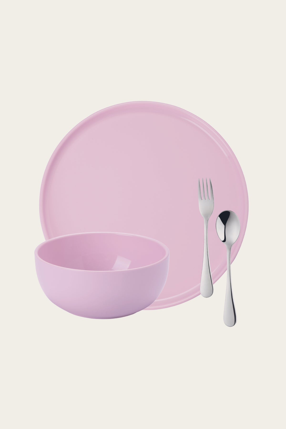 Plate, bowl, and silverware set in pink