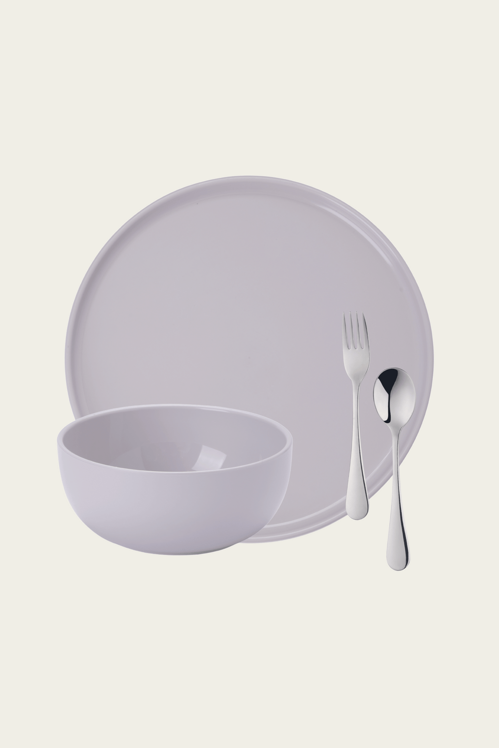 Complete dish ware set in gray including a plate, bowl and silverware