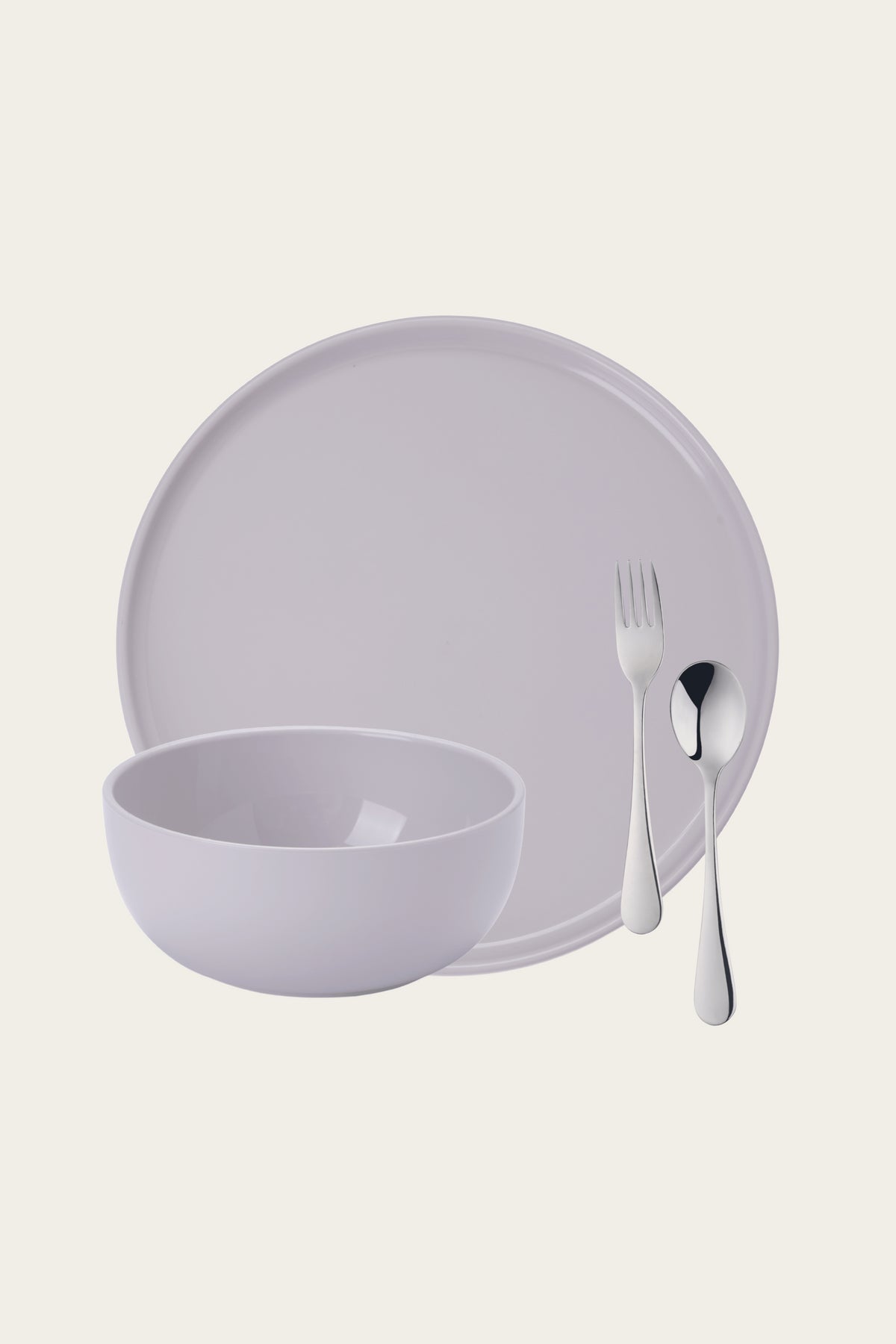 Complete dish ware set in gray including a plate, bowl and silverware