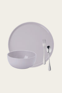 Complete dish ware set in gray including a plate, bowl and silverware