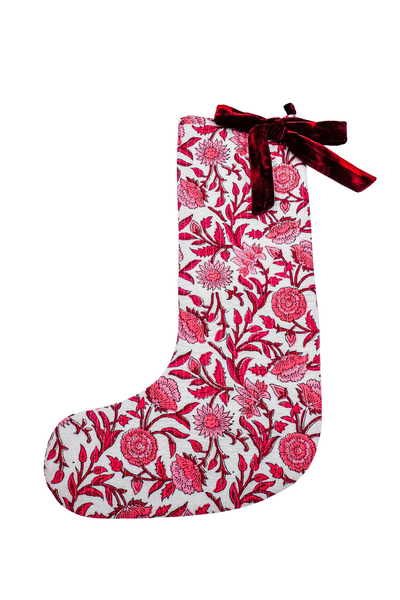 Red Holiday Floral Blockprint Stocking | Over The Moon