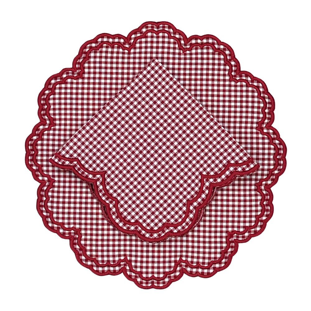 Red Gingham Luxury embroidered placemat and matching red gingham napkin