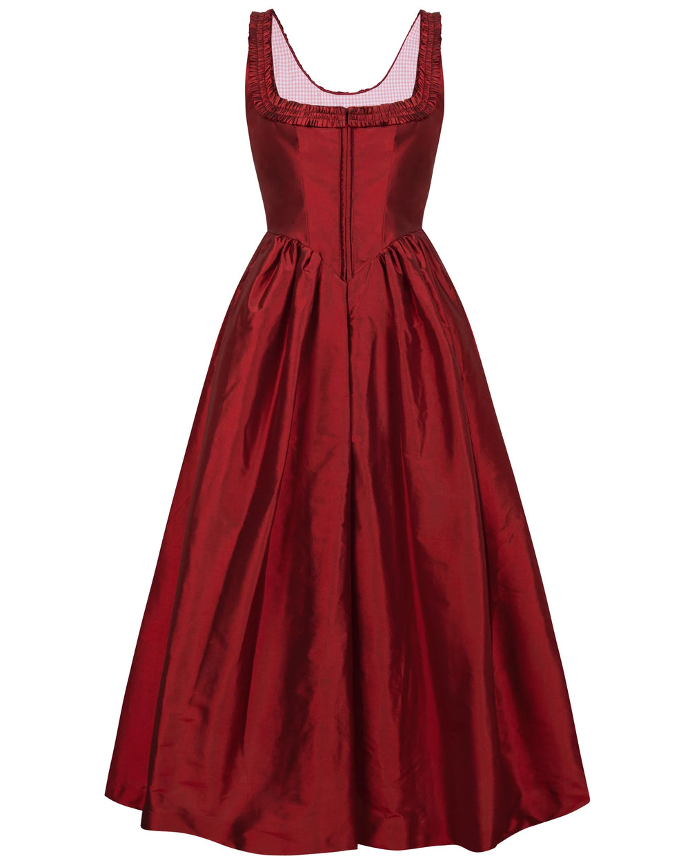 Front view of Alice Dress in red silk dupion showcasing ruffled square neckline and full gathered skirt on white background