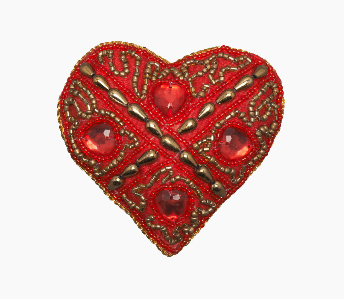Front view of Red Heart Ornament showcasing red velveteen fabric with hand-stitched beads and metallic thread on a white background