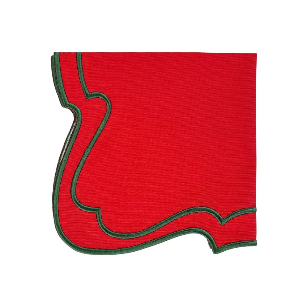 Red napkin with green scalloped embroidery. Christmas luxury napkin