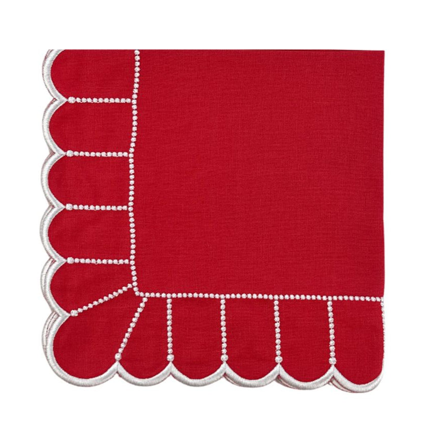 Red linen napkin with scalloped edge and white embroidery luxury collection