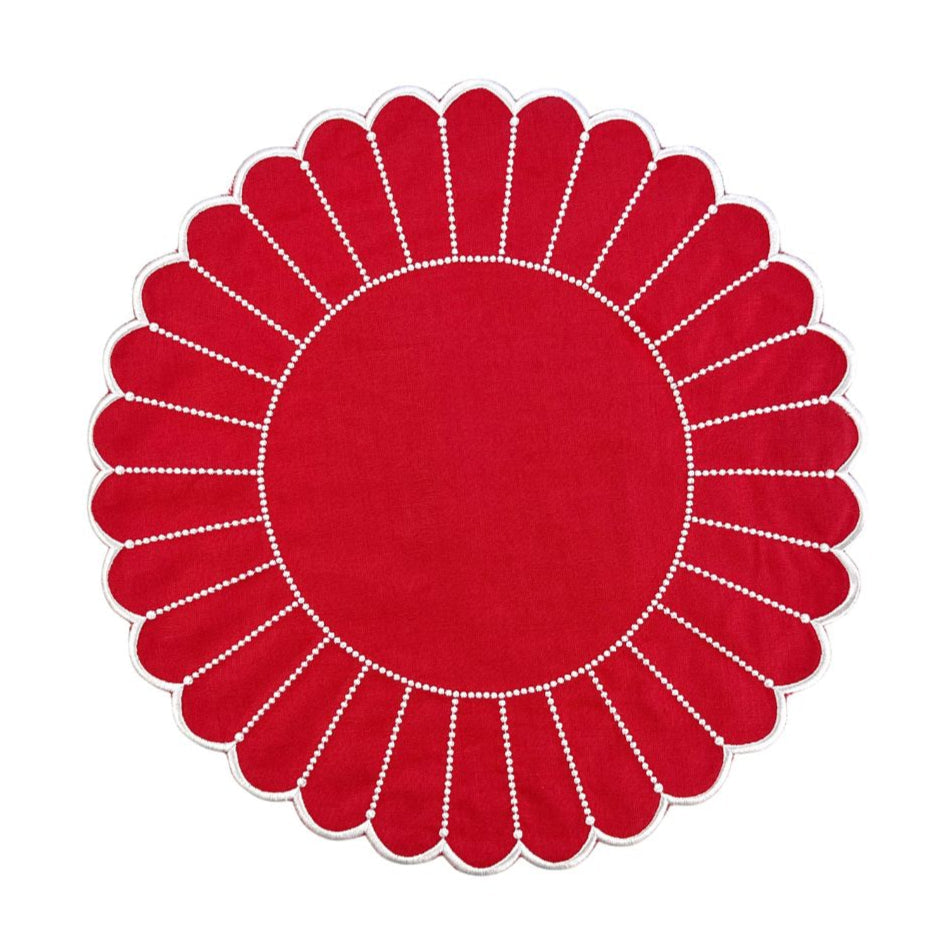 Red linen placemat with scalloped edge and white embroidery luxury collection