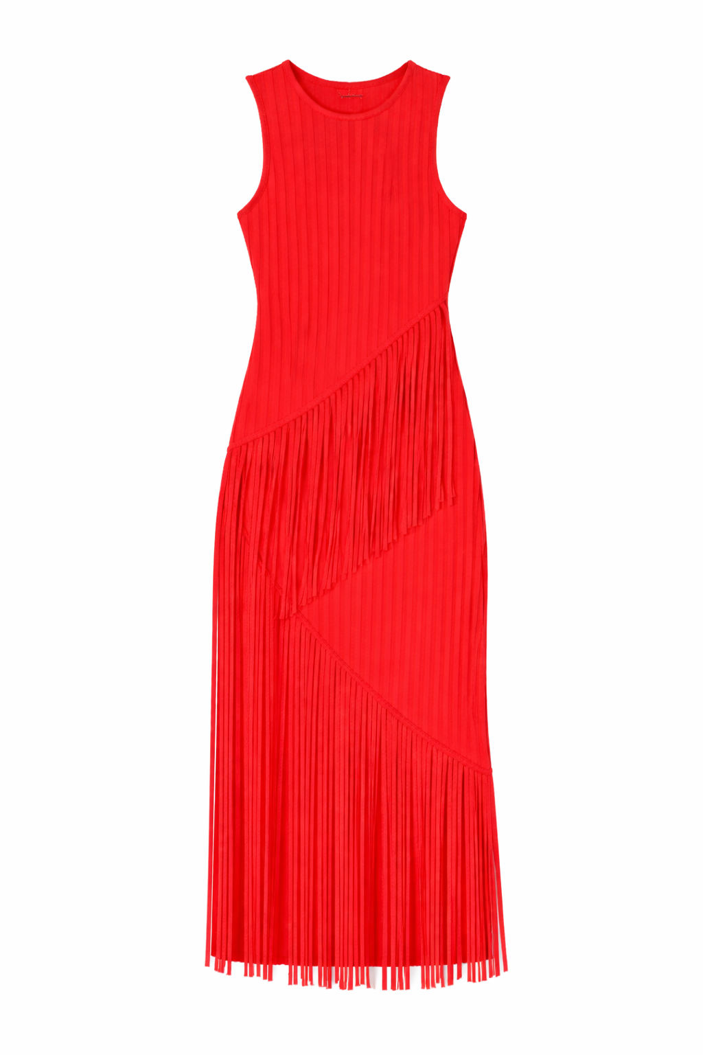 Front view of Spiral Knit dress in paprika showcasing spiral rib knit and diagonal fringe panels on white background